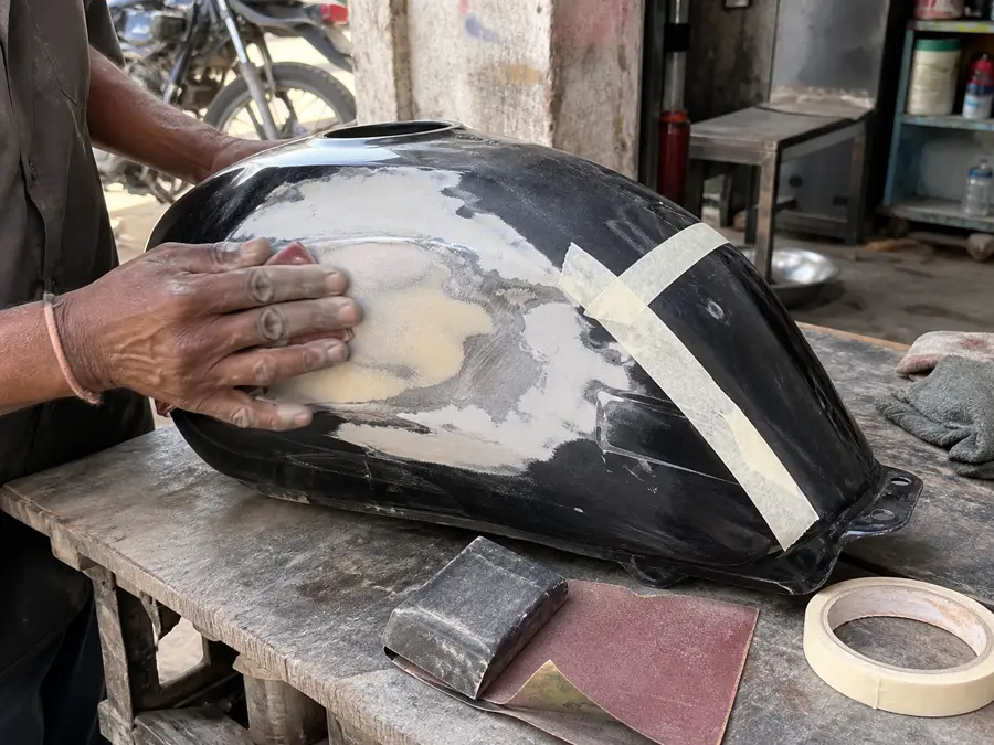 Bike denting and painting preparation at Dinesh Bike Point